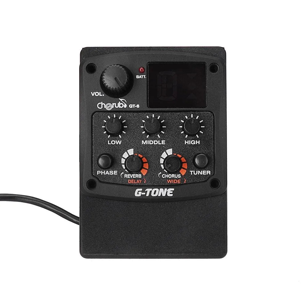 Cherub GT-6 black acoustic guitar hole-mount EQ pickup with knobs for 3-band EQ and effects.