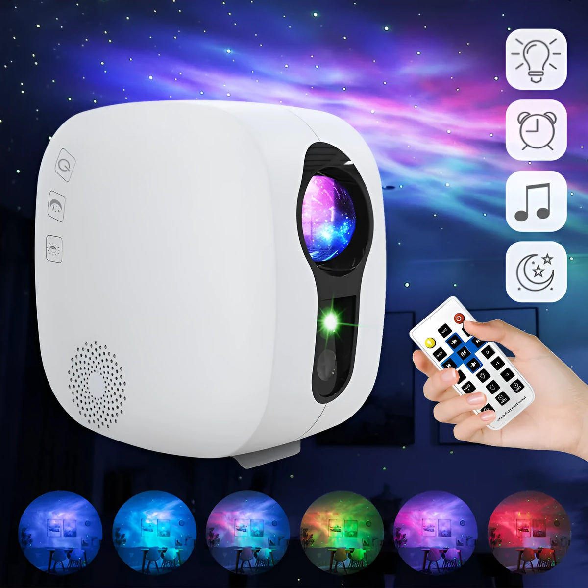 Black and white laser star projector with Bluetooth music player showing nebula projection