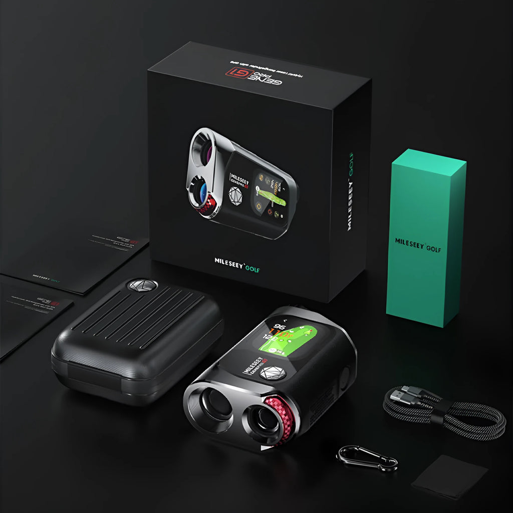 GenePro G1 black GPS golf rangefinder with AMOLED touchscreen displayed with its USB-C cable and storage box.