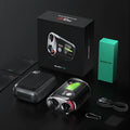 GenePro G1 black GPS golf rangefinder with AMOLED touchscreen displayed with its USB-C cable and storage box.