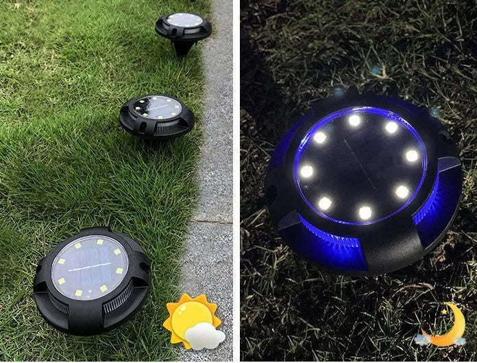 Black LED solar underground lawn light, 11 x 4 x 13cm, ABS and PP body, cold white and seven-colour light