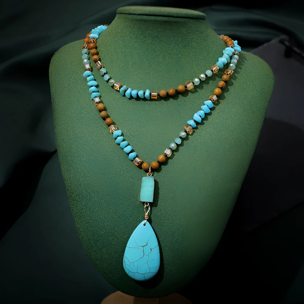 Turquoise water drop imitation mineral pendant on mixed material ball bead necklace chain