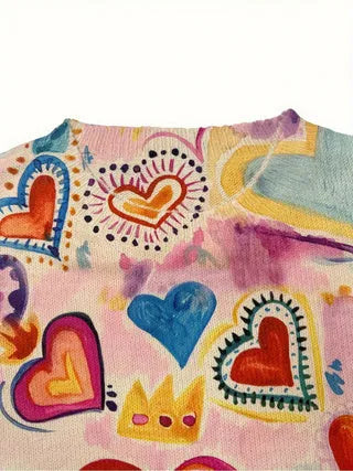 Loose fit digital printed top with lapel collar showing printing details