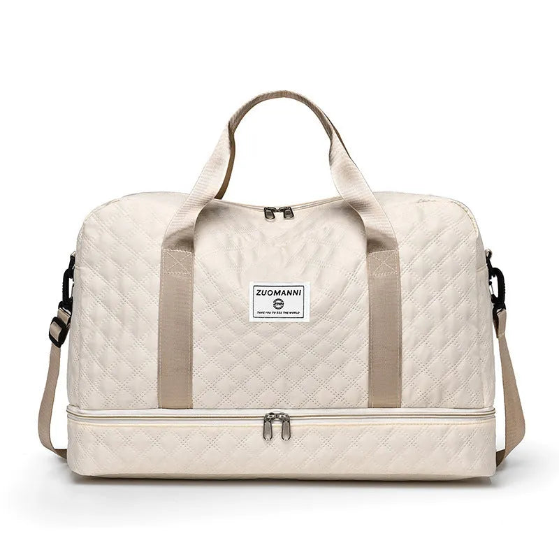 Large Oxford cloth travel holdall for prams in khaki colour with sewing thread detail