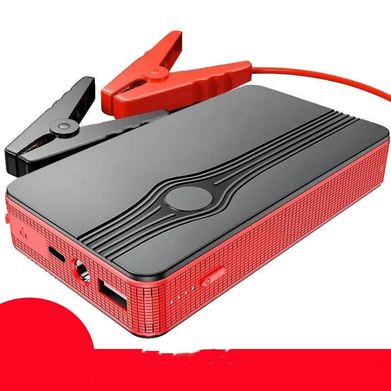 Red K4-E car jump starter and power bank showing its compact size and USB port.