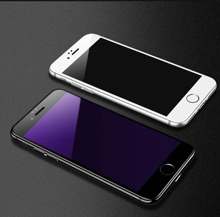 3D carbon fibre soft edge tempered glass screen protector for iPhone, showing black and white colour options.