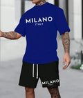 Men's European style short sleeve polyester suit set with matching shorts in multiple colours