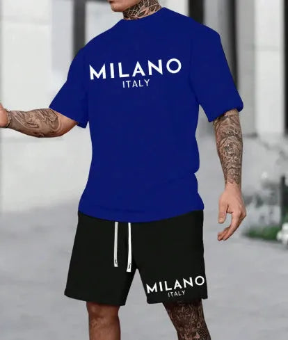 Men's European style short sleeve polyester suit set with matching shorts in multiple colours