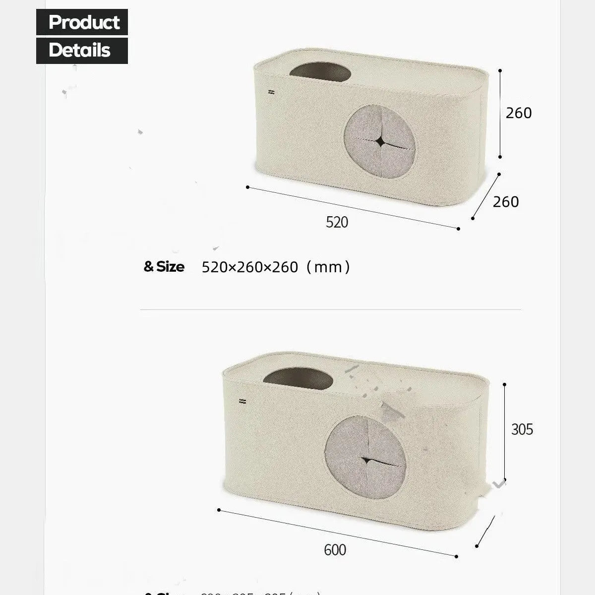 Grey foldable felt cat nest bed with raised sides, shown next to a khaki one in a larger size.
