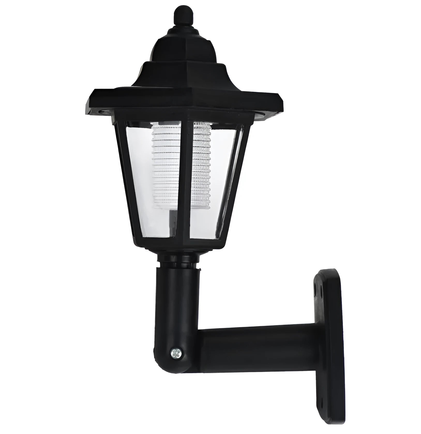 Black hexagonal solar wall lamp with solar panel and LED light for outdoor installation
