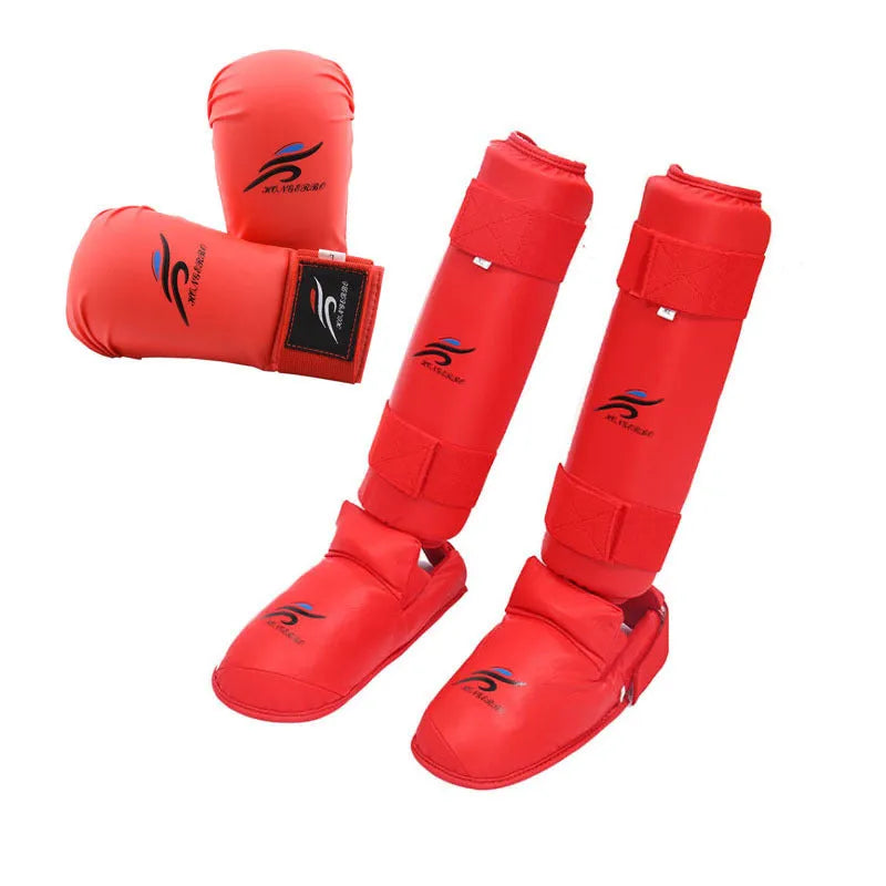 Red and blue karate protective gear set with helmet and leg guards for martial arts training