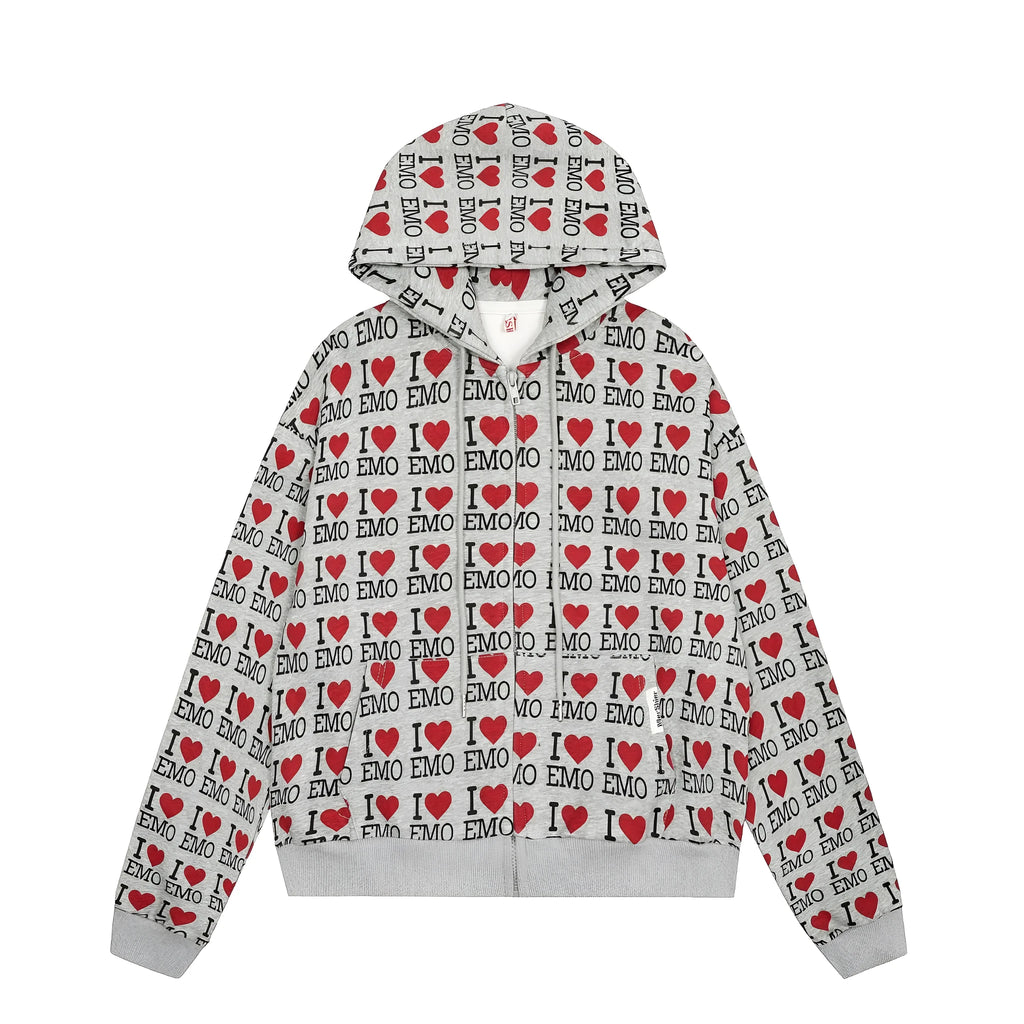 Women's mixed grey retro pattern hooded cotton cardigan sweater on a hanger.