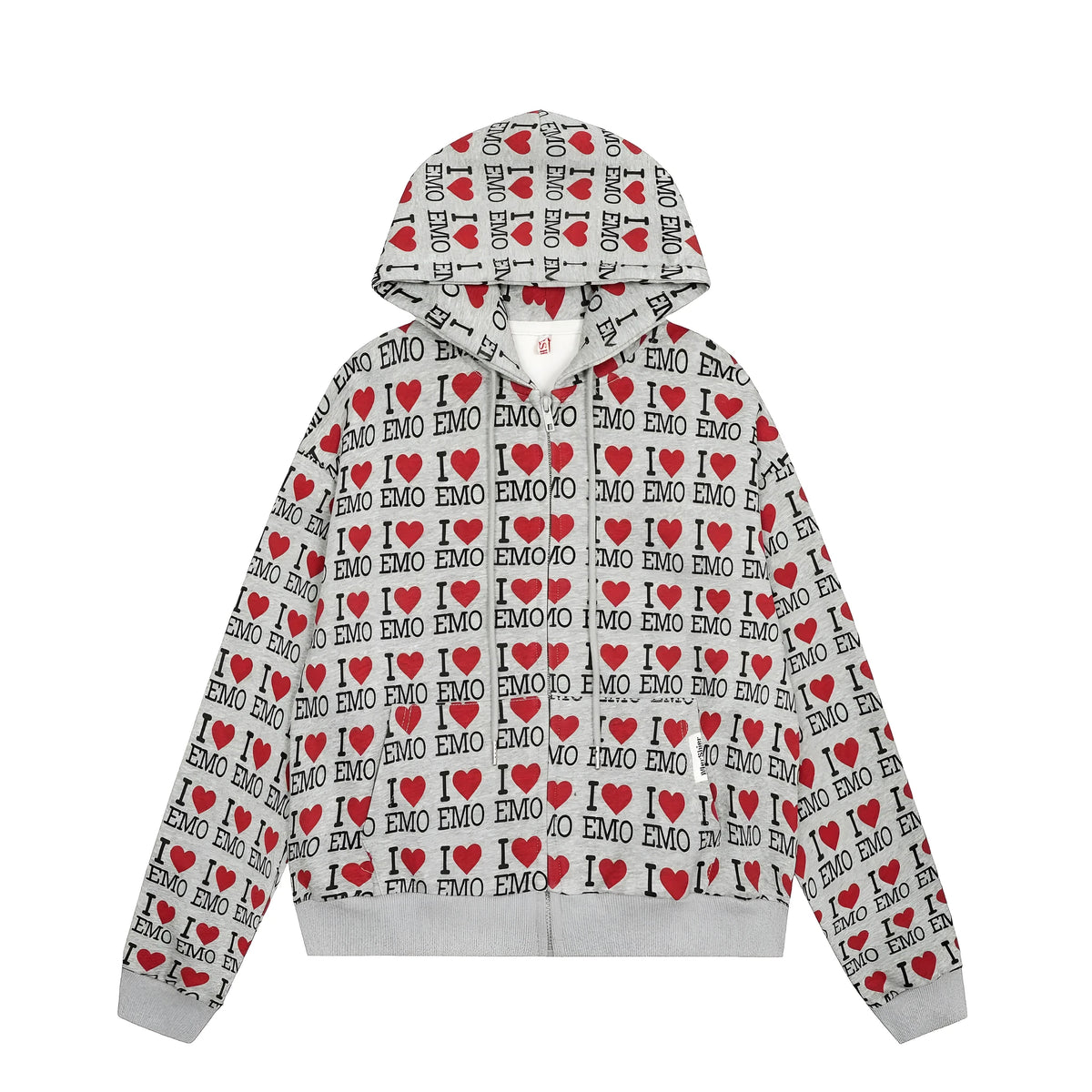 Women's mixed grey retro pattern hooded cotton cardigan sweater on a hanger.