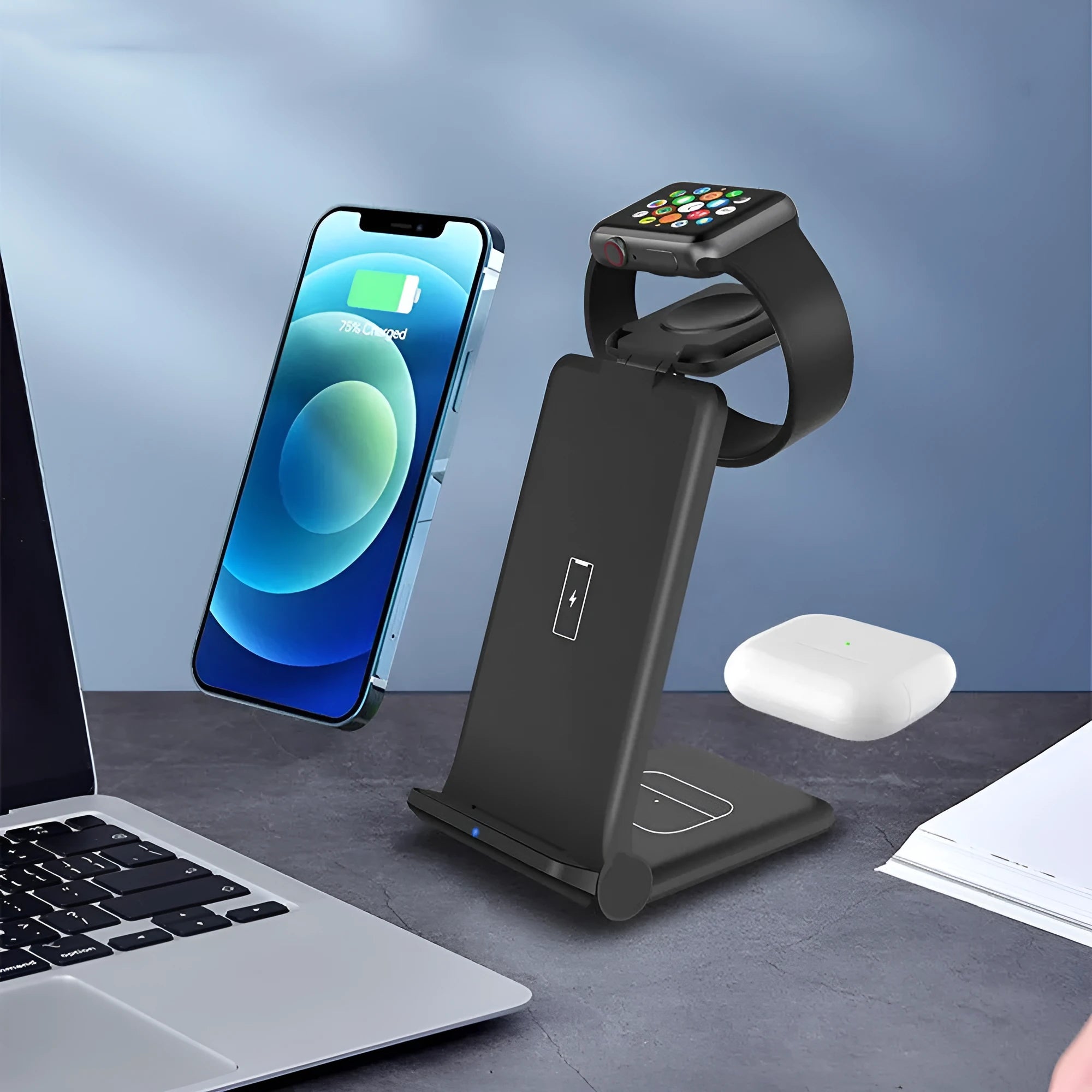 White foldable 3-in-1 wireless charging station for iPhone, Apple Watch, and AirPods.