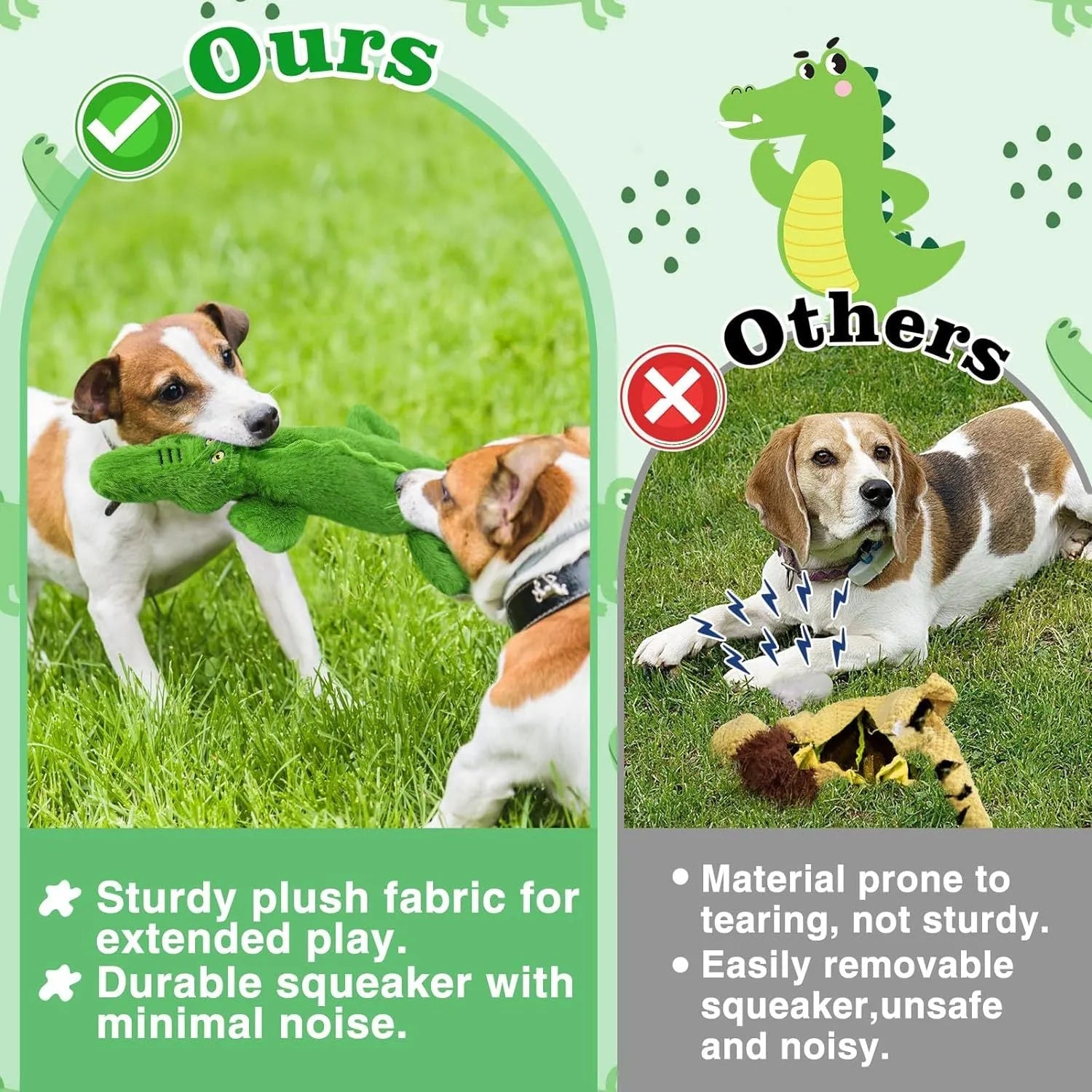 Green crocodile dog toy with no stuffing, squeaker in head and crinkle paper in tail