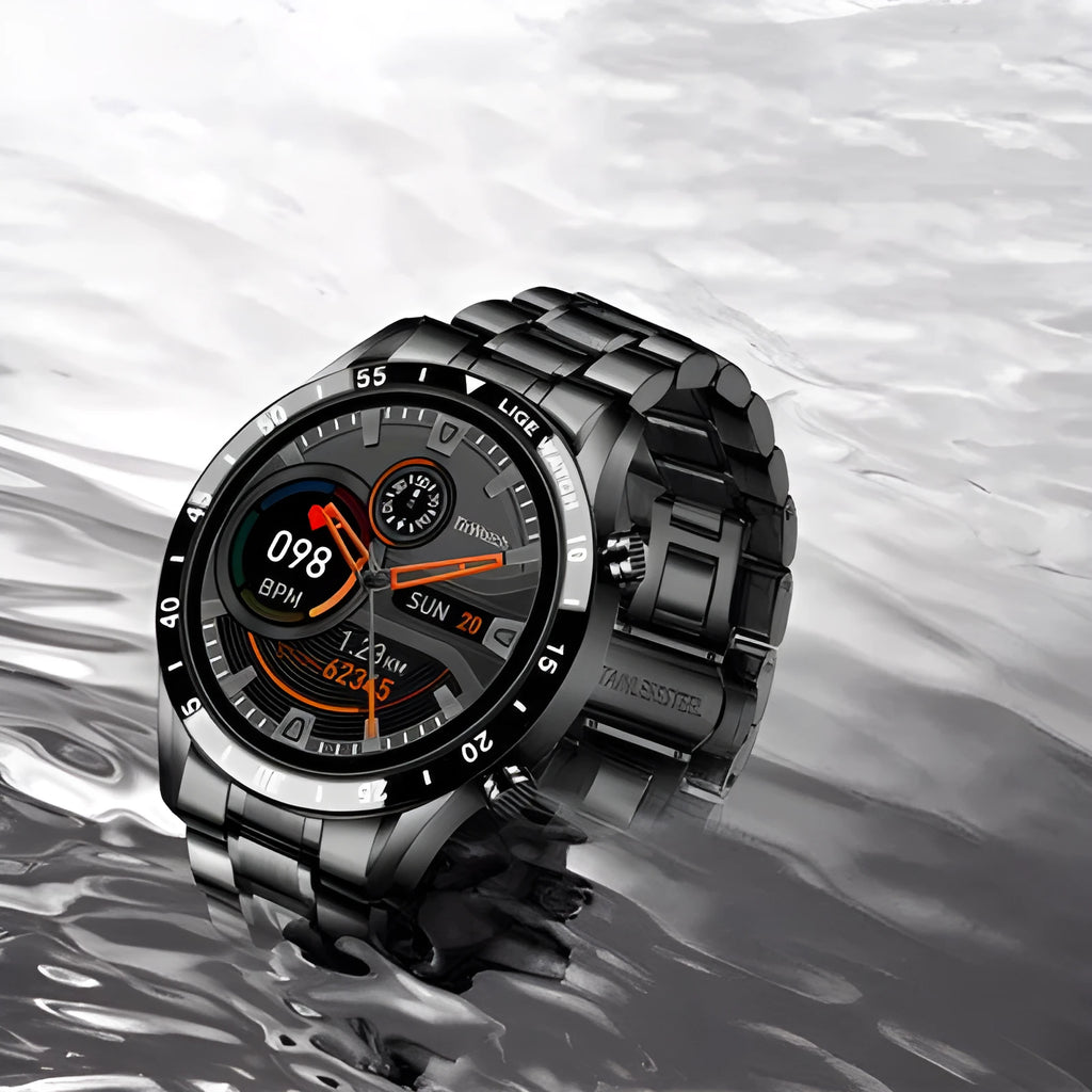 Smart watch with stainless steel band and 1.3-inch touch screen display showing step counter interface