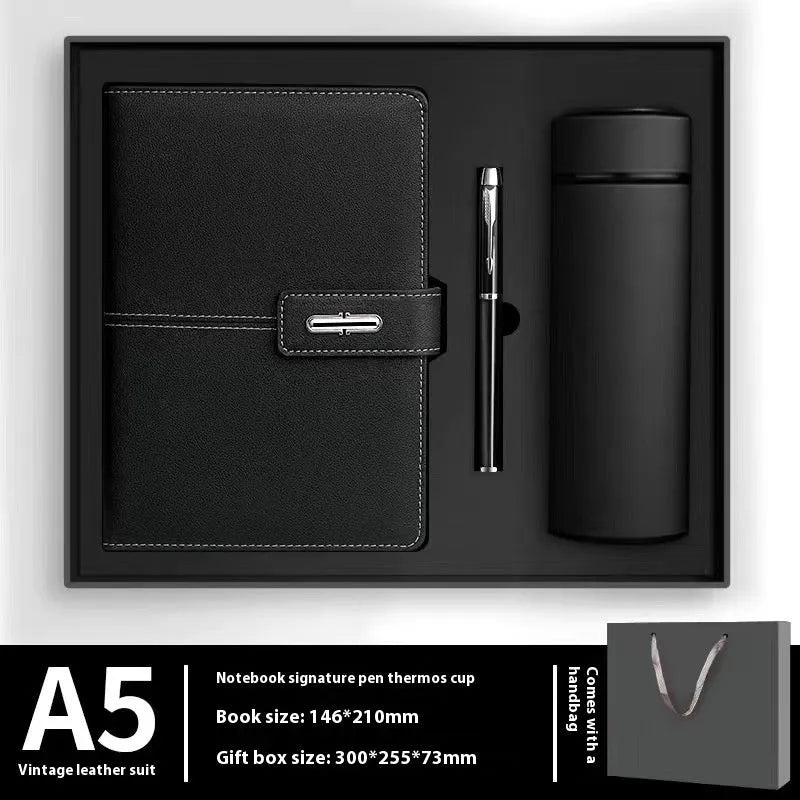 A5 notebook with a PU leather cover, open to show wood-free paper pages.