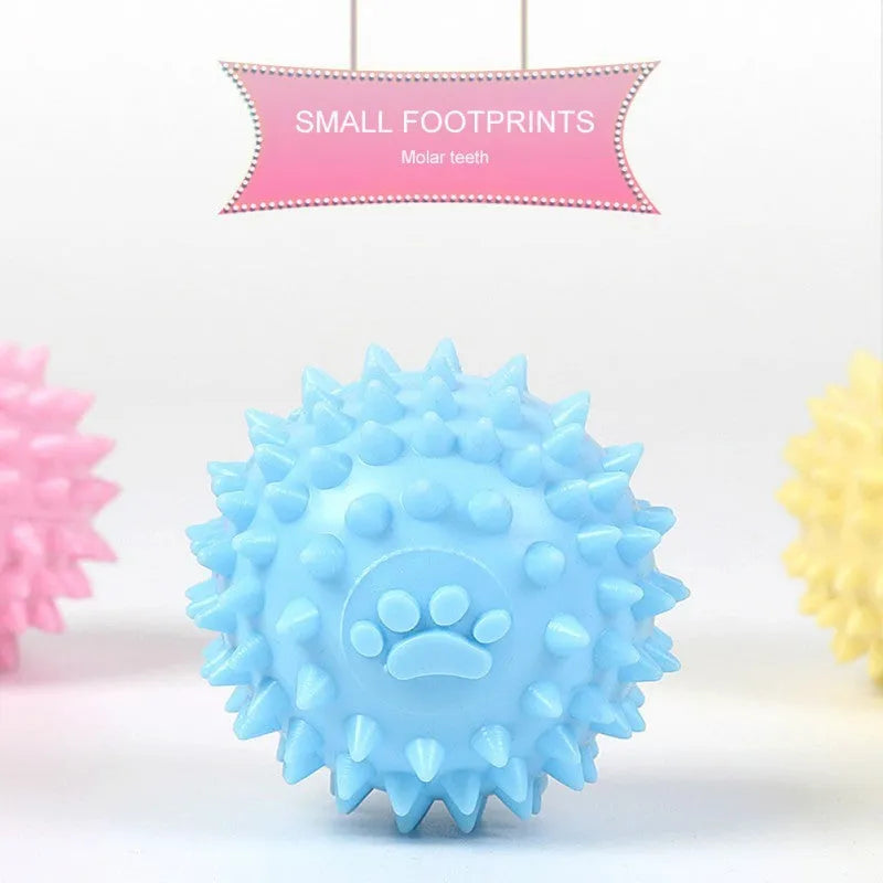 Blue TPR rubber dog chewing ball with footprint design for teeth cleaning