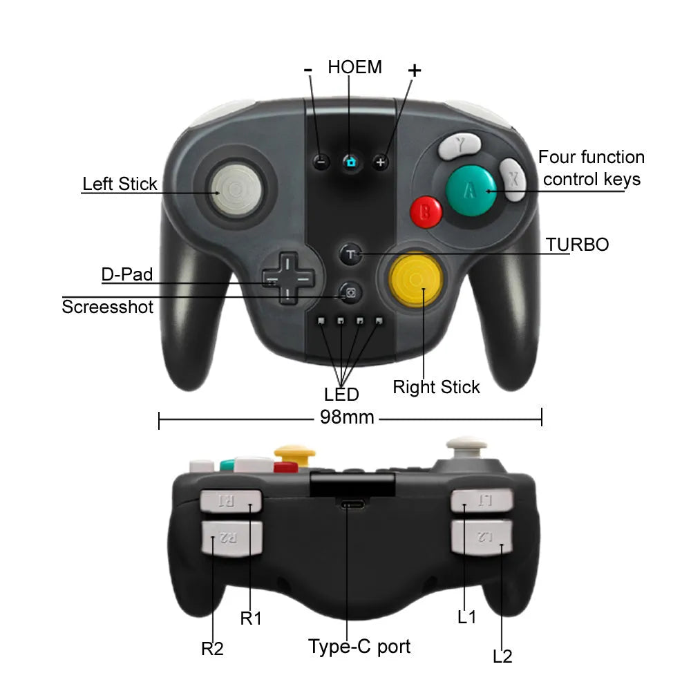 Black wireless gamepad with NFC and gyroscope for Switch and Windows PC showing Type-C port and buttons