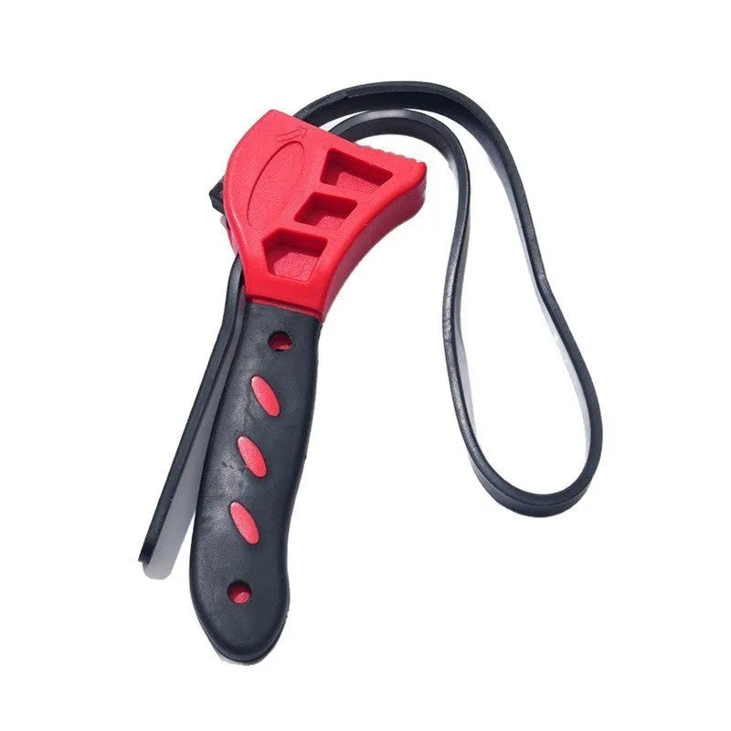 Set of two adjustable rubber strap wrenches, 6-inch and 8-inch sizes, on a workshop bench.