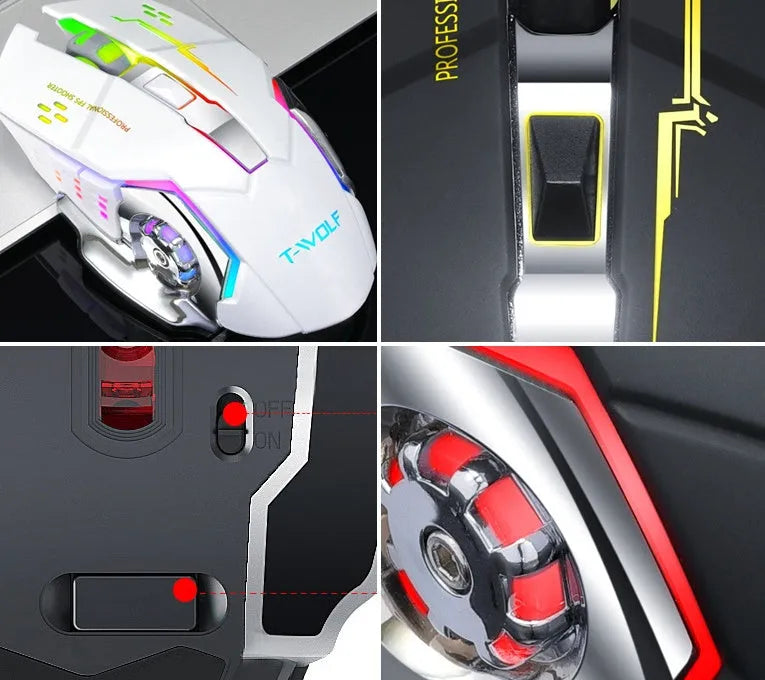 Black and white wireless mouse with wireless charging and quiet click buttons
