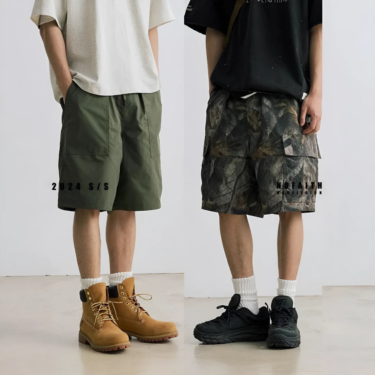 Loose fit straight-leg denim shorts in black shown on a hanger.
