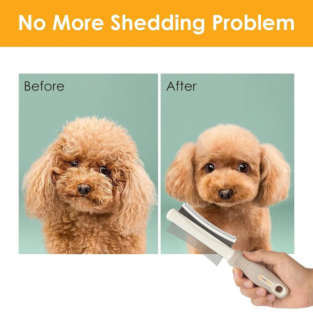 White double-sided pet grooming brush with curved comb and deshedding blades on ergonomic handle