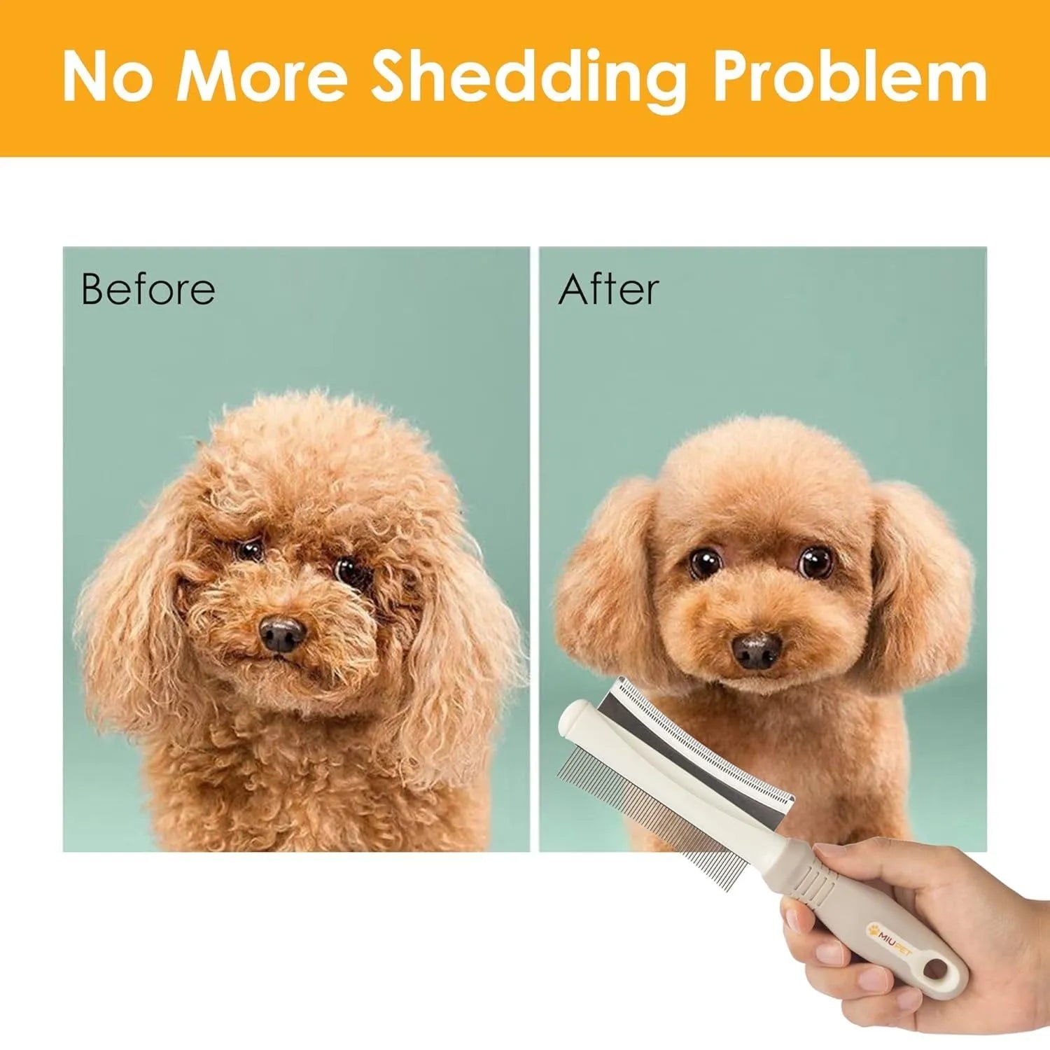White double-sided pet grooming brush with curved comb and deshedding blades on ergonomic handle