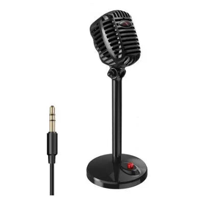 Black USB computer microphone with adjustable stand on desktop
