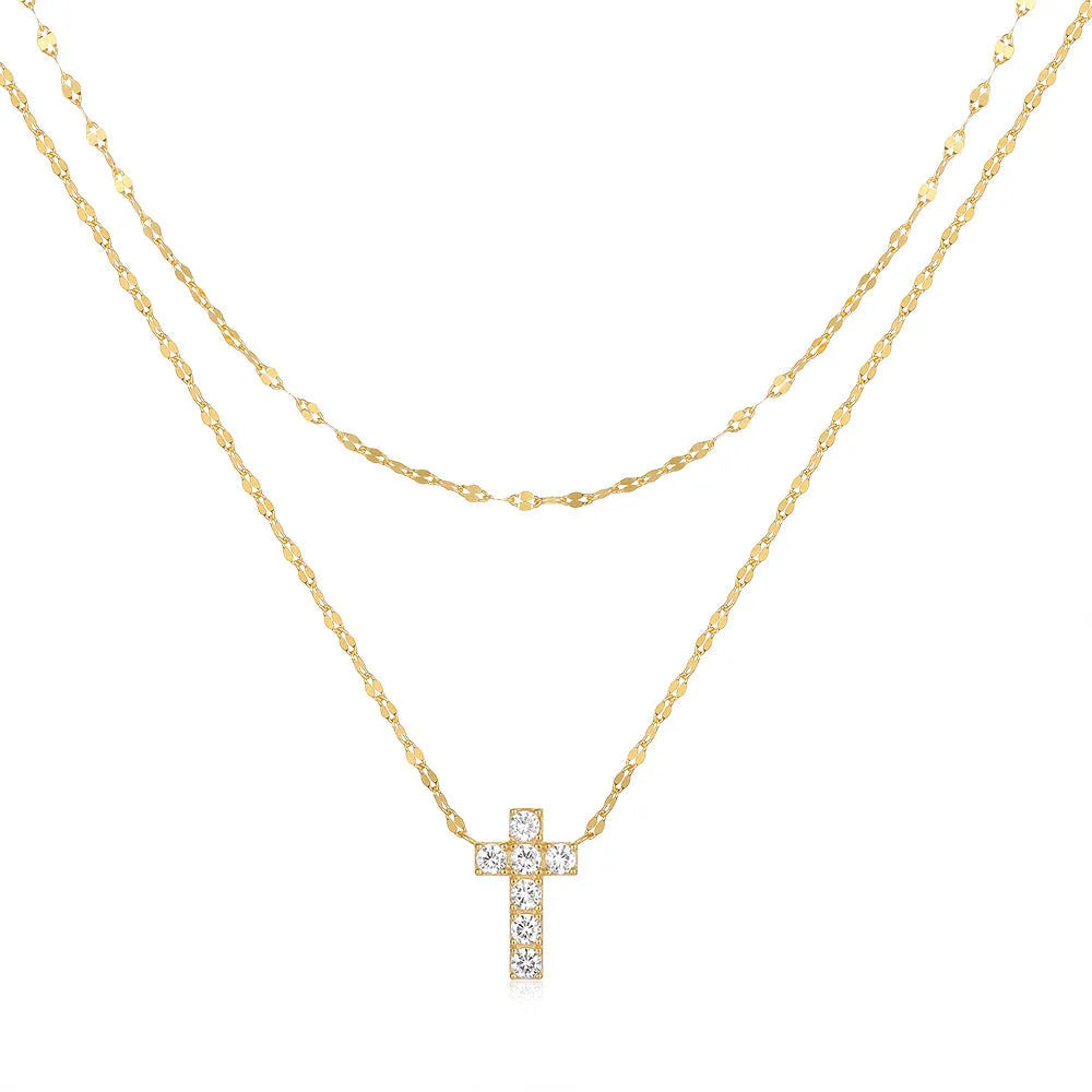 S925 sterling silver necklace with double layer twin diamond cross pendant on clavicle chain