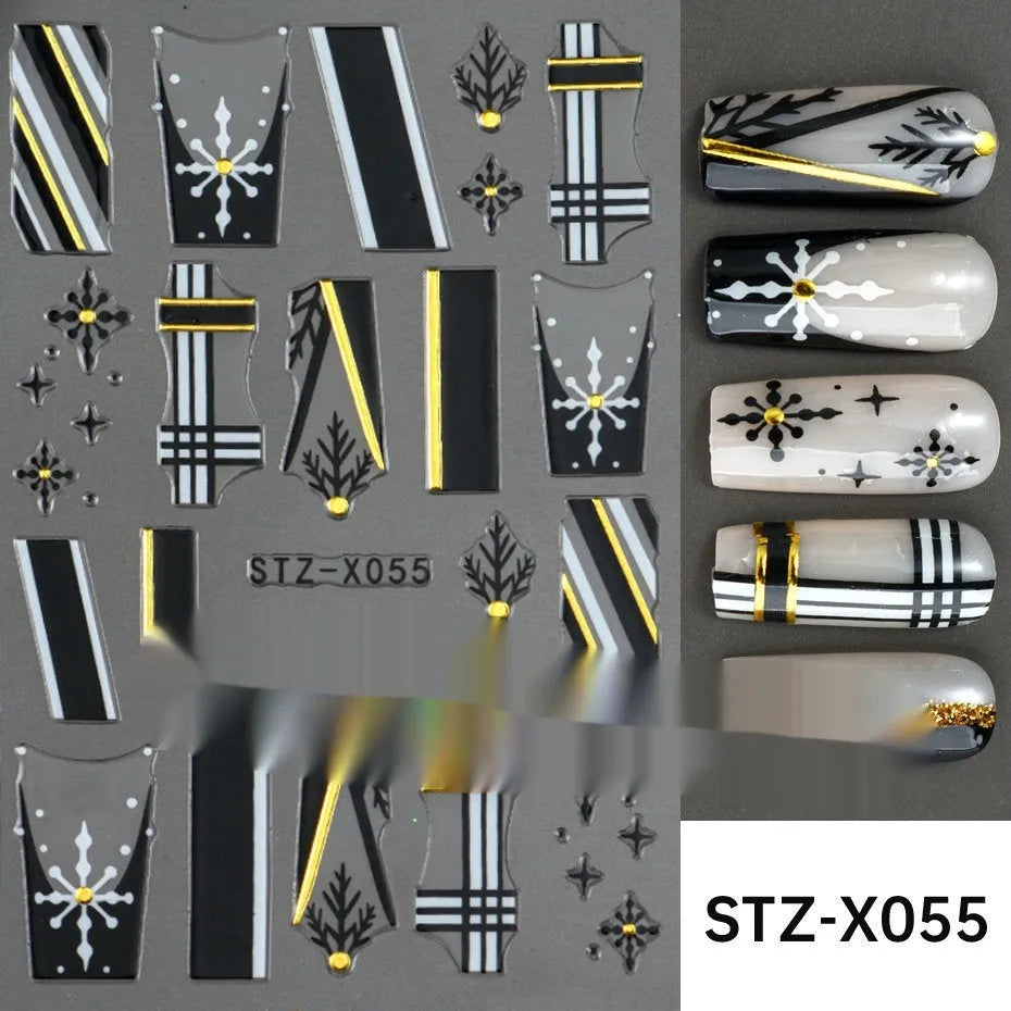 Cartoon love pattern nail art sticker decals in black and silver colours on a plastic sheet.