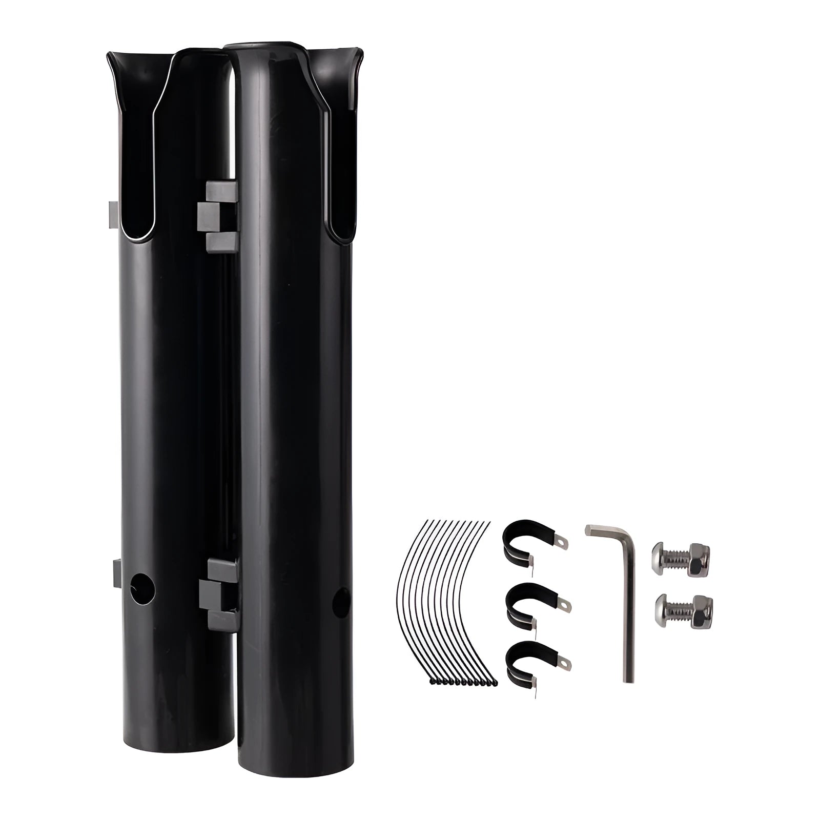 Carbon and plastic fishing rod rack with clamp mount for motorcycle or bicycle