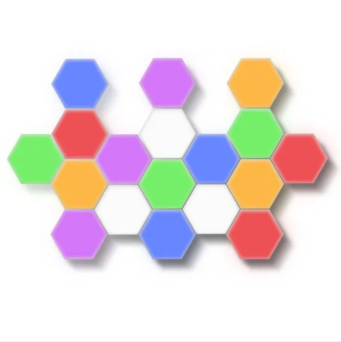Helios modular honeycomb wall lamp panels assembled in pattern with touch-activated LED lighting