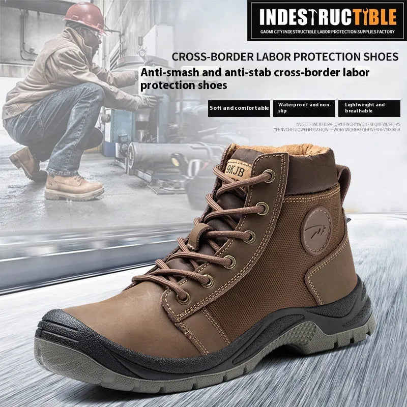 Orange leather labour protection safety shoes with rubber sole and anti-smashing design