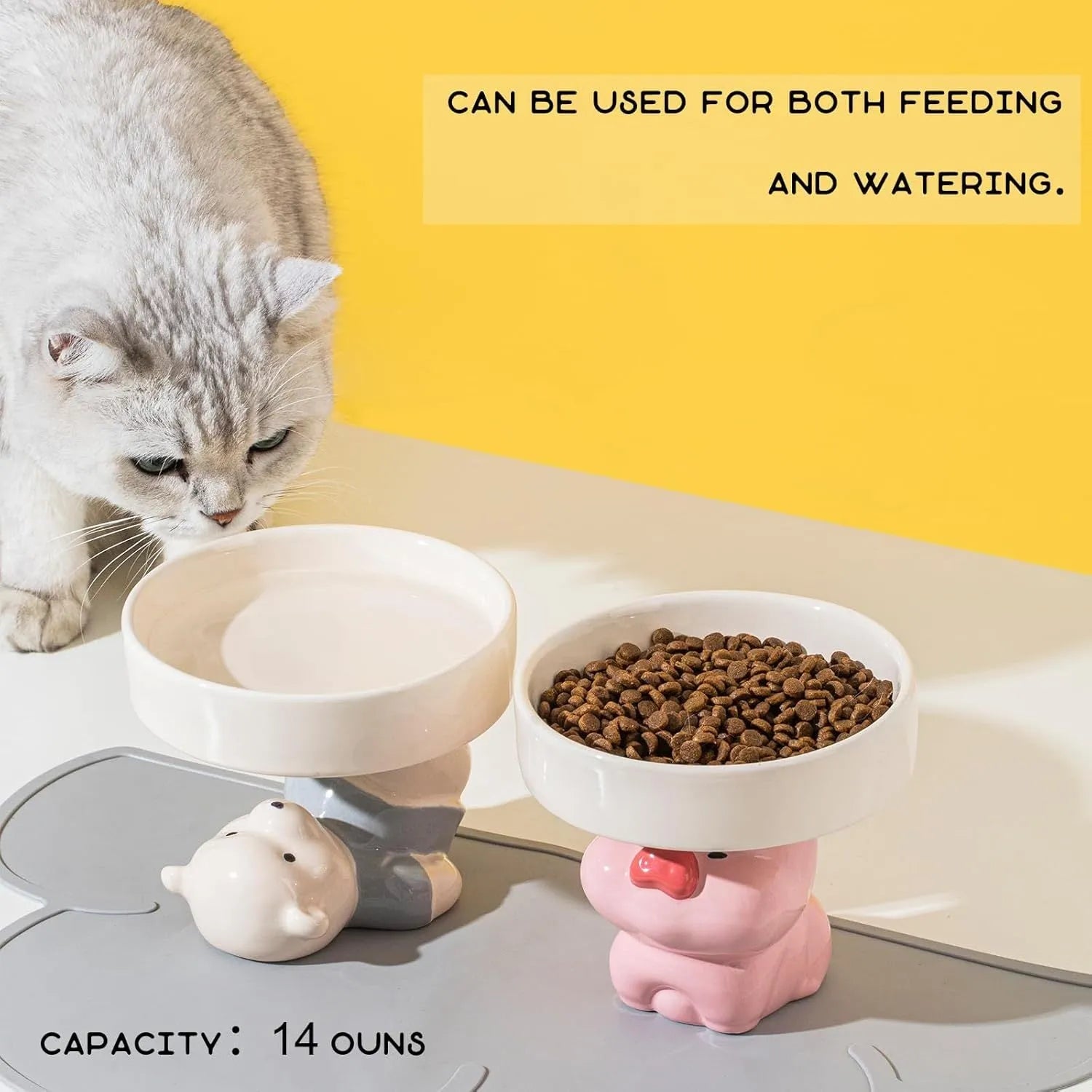 Raised ceramic cat bowl with cute animal design in pink, yellow, or white on a white background