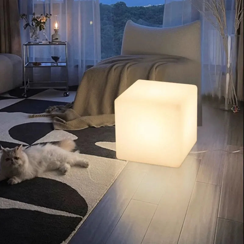 Square LED cube light for outdoor garden or patio use with modern design