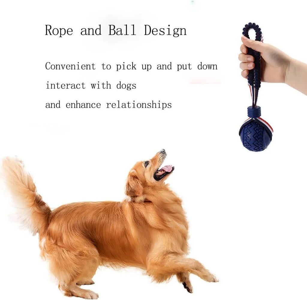 Blue or red natural rubber dog ball with rope toy for small and medium dogs featuring textured surface for teeth cleaning