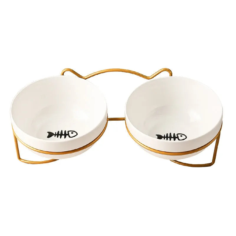White ceramic pet bowl with cat footprints pattern in black iron cat ear frame
