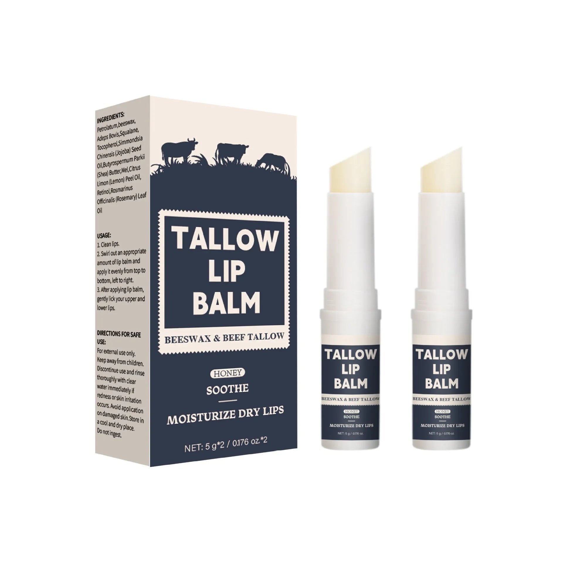 Two standard beef fat lip balm sticks presented as a set for dry lip care.