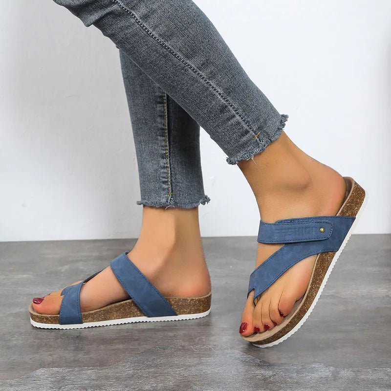 Flat toe ring thick-soled flip-flops in artificial PU with foam sole, shown in blue colour