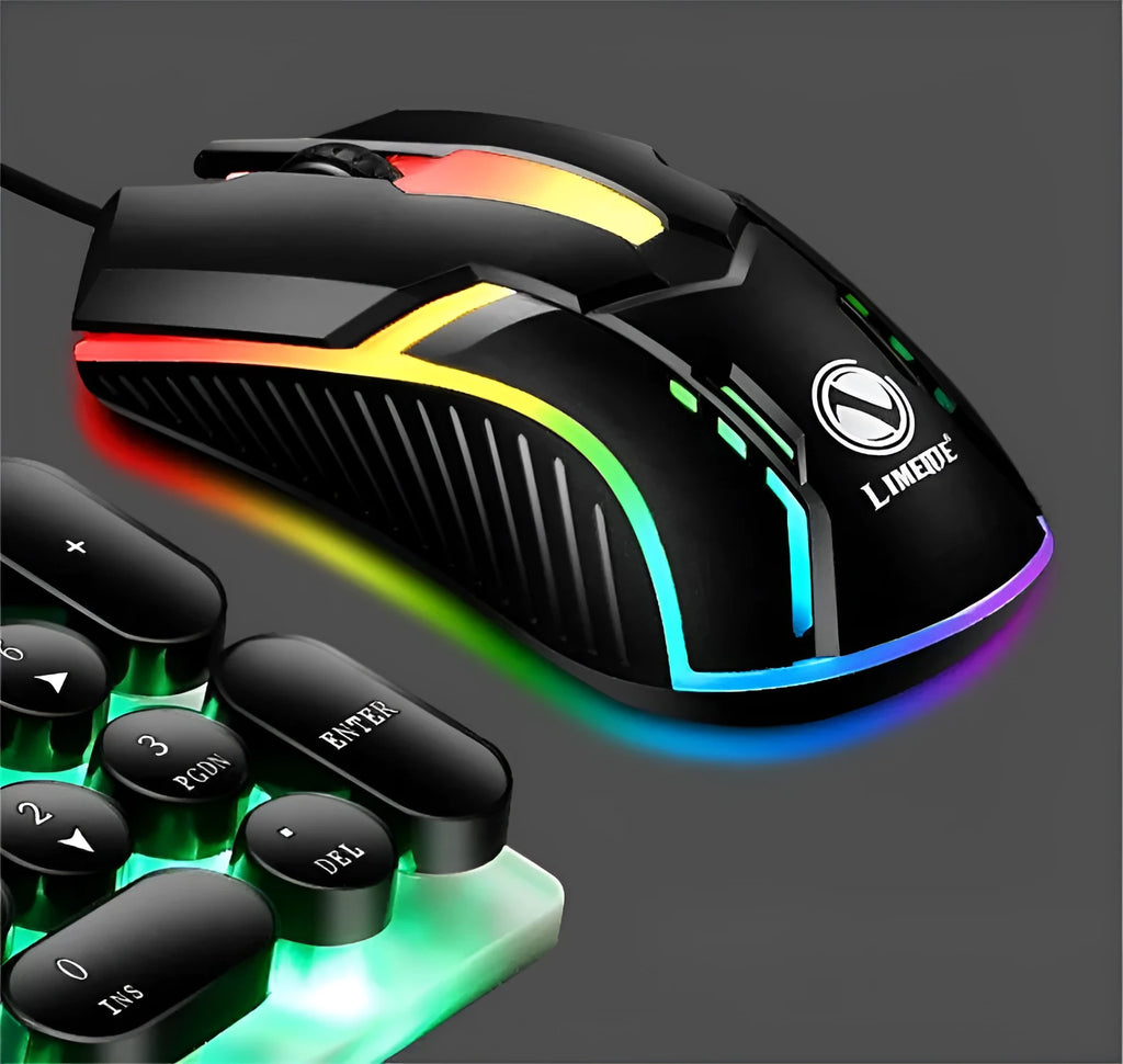 Wired USB gaming mouse with 1600dpi sensor, 3 buttons, 1.4m cable, and colourful breathing light, in black or white