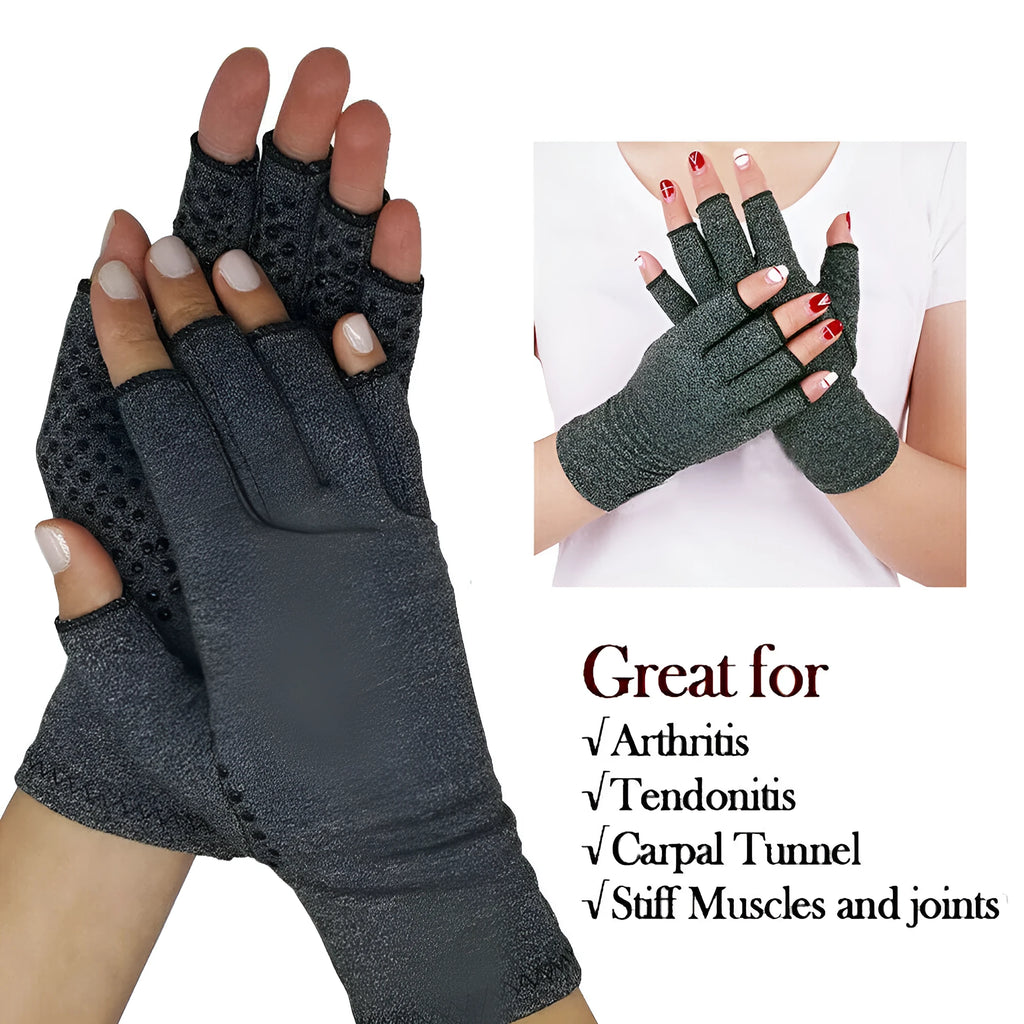 Grey half-finger compression glove with anti-slip palm, showing stretchy trueran spandex fabric and open fingertips.