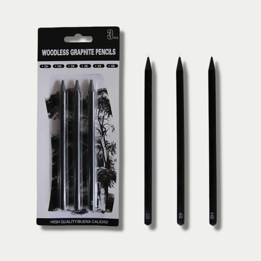 Set of six wood-free graphite sketching pencils with grades HB, 2B, 4B, 6B, 8B, and EE for art drawing.