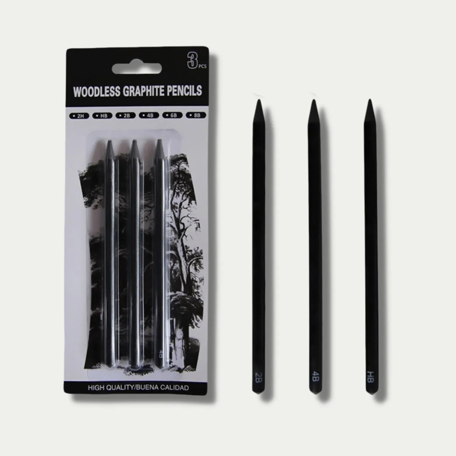 Set of six wood-free graphite sketching pencils with grades HB, 2B, 4B, 6B, 8B, and EE for art drawing.