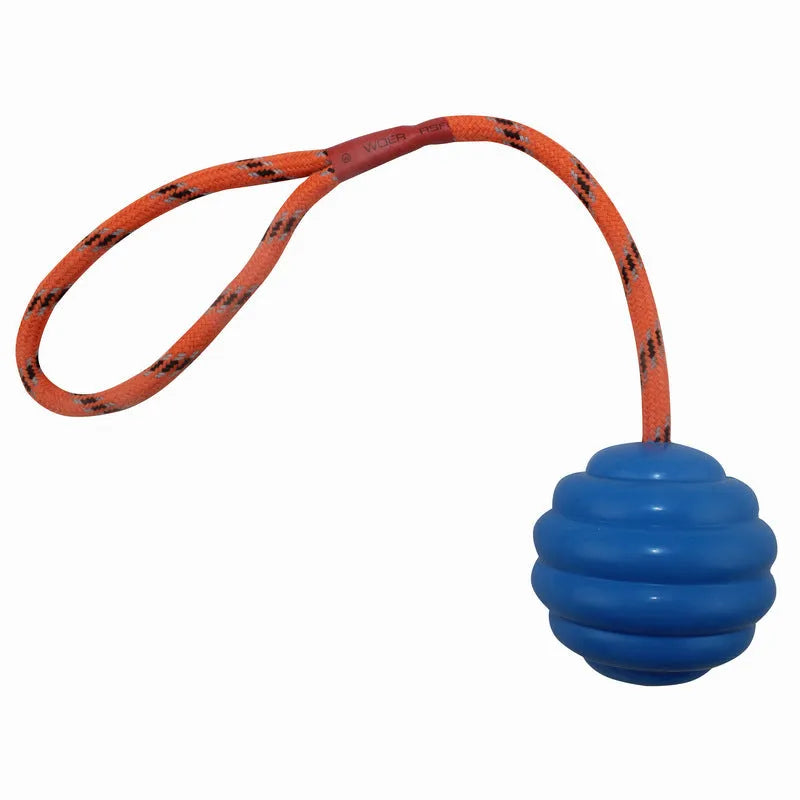 Multi-colour rubber pet ball with rope knot design measuring 6x30cm for dogs and cats
