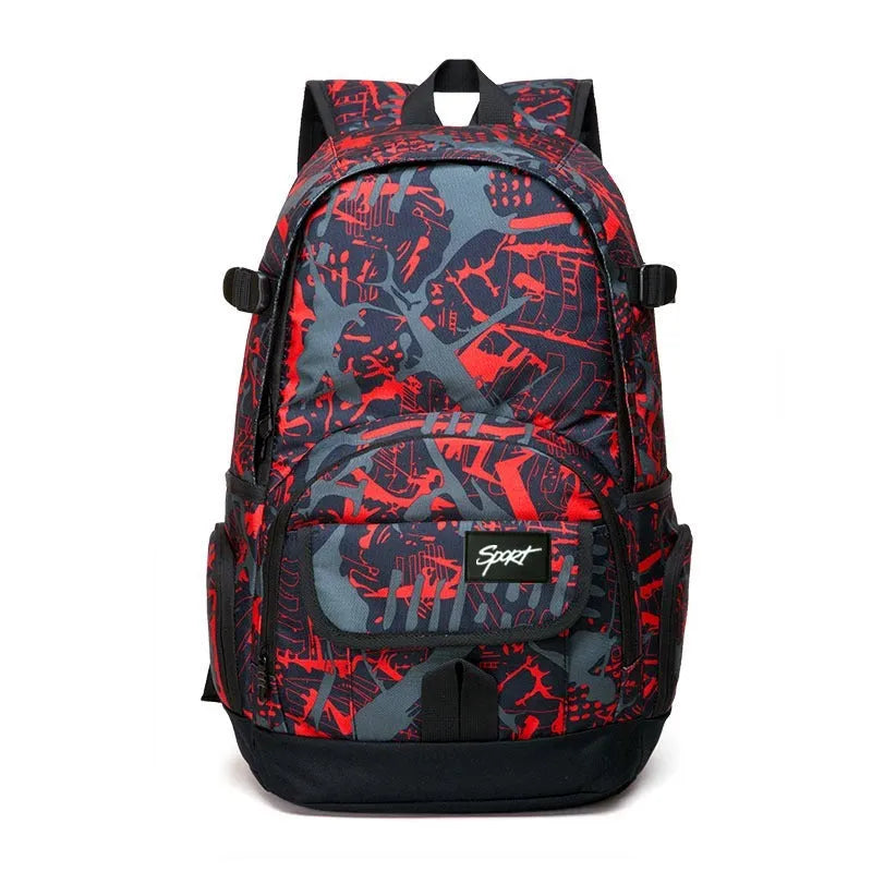 Blue nylon backpack with adjustable straps and large main compartment.