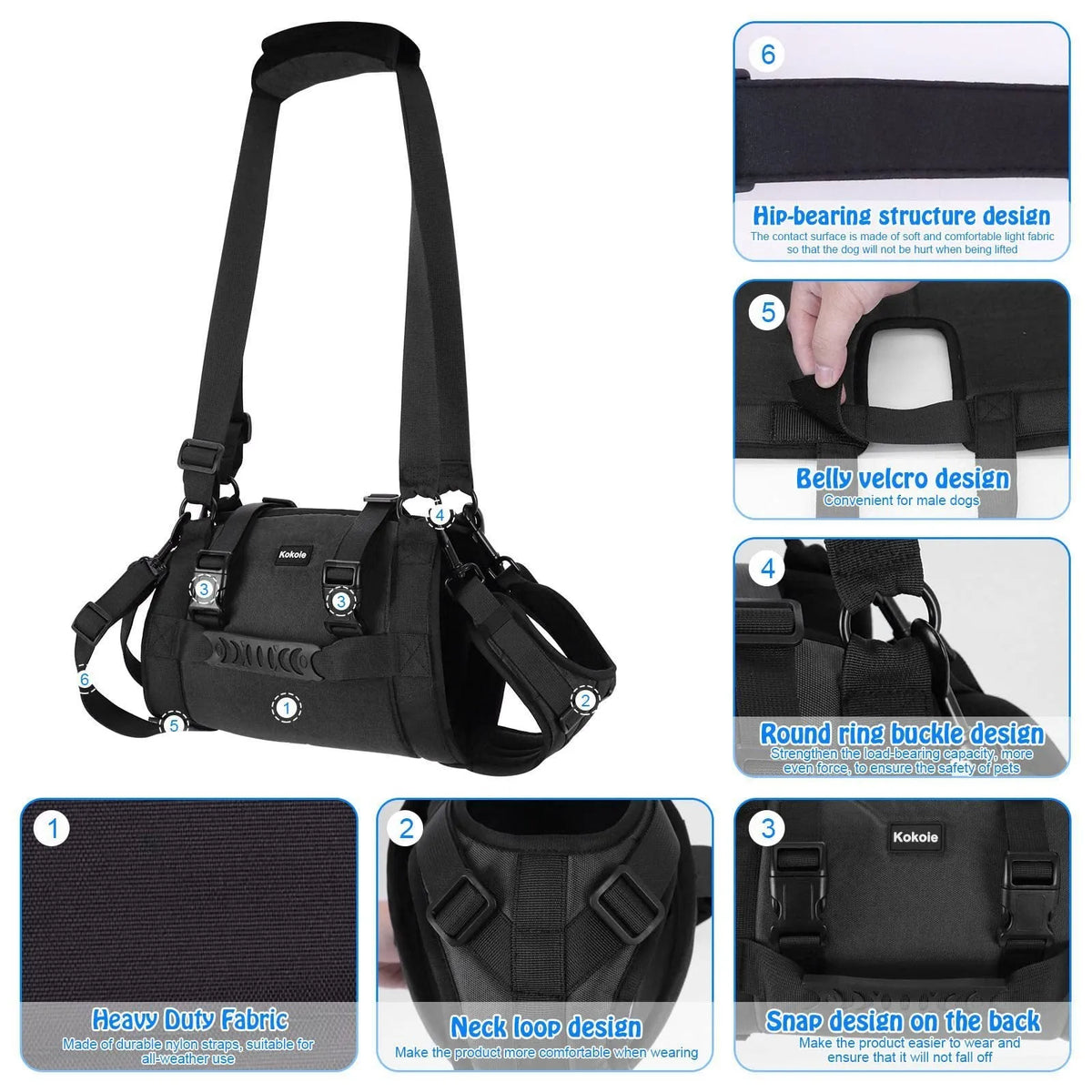 Black adjustable dog harness made from Oxford cloth with a metal D-ring and padded chest strap.