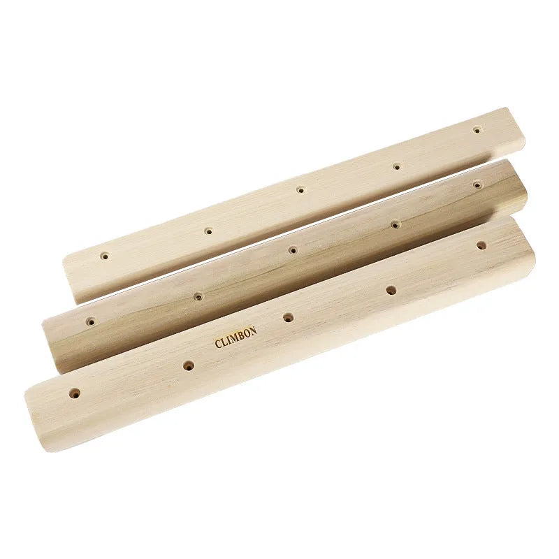 Wooden hangboard fingerboard set showing three boards in different lengths for grip strength training