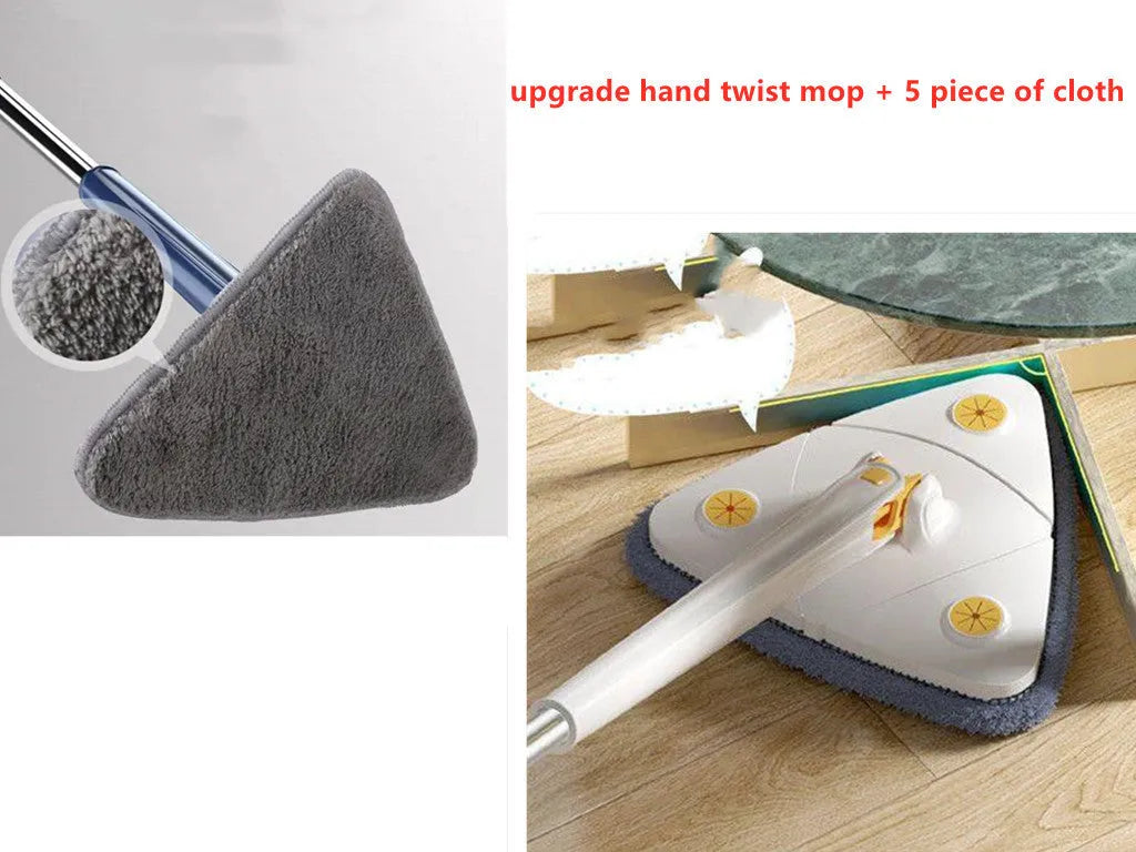 Blue extendable triangle cleaning mop with rotating head on stainless steel pole.