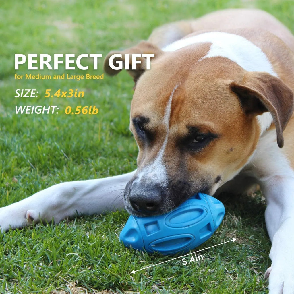 Natural rubber squeaky dog toy with surface grooves for aggressive chewers in blue, green, or orange